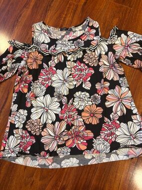 Hannah Black Floral Cold-Shoulder Top with Pink & Peach Blooms